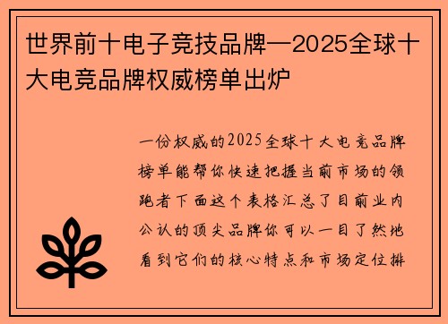 世界前十电子竞技品牌—2025全球十大电竞品牌权威榜单出炉
